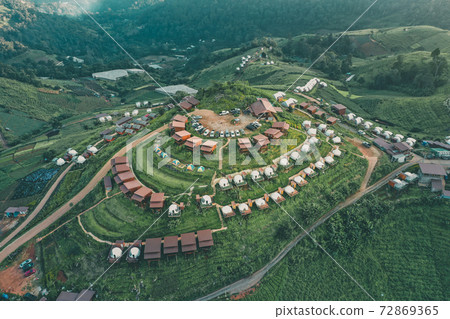 Aerial view of camping grounds and tents on Doi Mon Cham mountain in Mae Rim, Chiang Mai province 72869365
