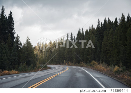 Road trip on highway road with sunlight on pine forest in overcast at Banff national park Road trip on highway road with sunlight on pine forest in overcast at Banff national park 72869444