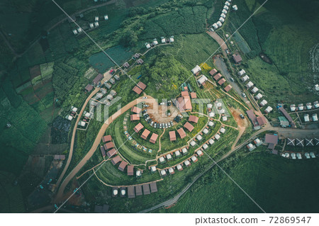 Aerial view of camping grounds and tents on Doi Mon Cham mountain in Mae Rim, Chiang Mai province 72869547