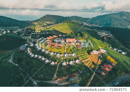 Aerial view of camping grounds and tents on Doi Mon Cham mountain in Mae Rim, Chiang Mai province 72869571