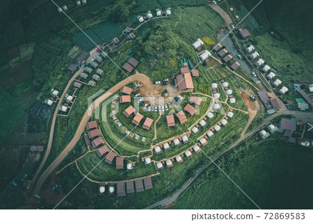 Aerial view of camping grounds and tents on Doi Mon Cham mountain in Mae Rim, Chiang Mai province 72869583