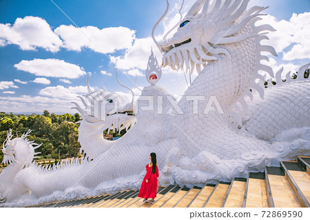 Wat Huay Pla Kang, white big buddha and dragons in Chiang Rai, Chiang Mai province, Thailand 72869590