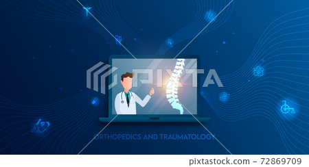 Technology for treatment of spine bone injury. Abstract traumatology and orthopedics. Medical science in the hospital for body joints.	 72869709