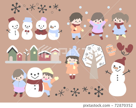 冬季手繪風格插圖集,如雪人,雪地裡玩耍的孩子,手套和雪景中的房屋 冬季手繪風格插圖集,如雪人,雪地裡玩耍的孩子,手套和雪景中的房屋 72870352