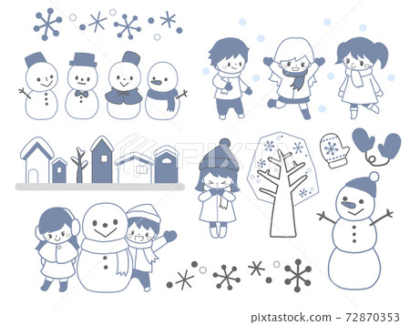 Winter hand-drawn style illustration set such as snowman and children playing in the snow, gloves and houses in the snowy landscape Winter hand-drawn style illustration set such as snowman and children playing in the snow, gloves and houses in the snowy landscape 72870353
