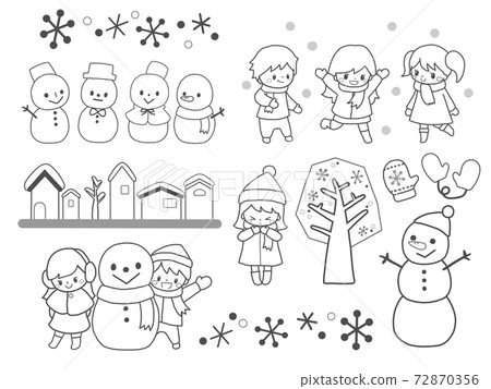 冬季手繪風格插圖線描集,如雪人和孩子們在雪地裡玩耍,手套和房屋在雪域景觀 冬季手繪風格插圖線描集,如雪人和孩子們在雪地裡玩耍,手套和房屋在雪域景觀 72870356