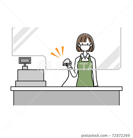 正在採取預防傳染病措施的女性出納員擁有條形碼閱讀器 正在採取預防傳染病措施的女性出納員擁有條形碼閱讀器 72872269