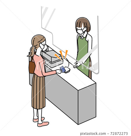 A woman who takes measures against infectious diseases and pays by credit card at the cash register 72872273