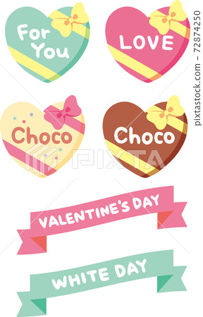 Colorful heart-shaped chocolate and ribbon illustration material set / Valentine's Day / White Day 72874250