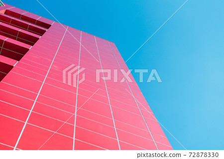 underside panoramic and perspective view to steel blue glass high rise building skyscrapers, business concept of successful industrial architecture 72878330