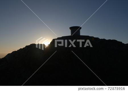 Sunrise behind the worcestershire beacon Toposcope. Wide perspective 72878916