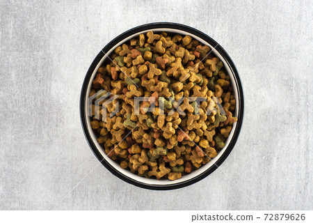 Pet food in a bowl on a gray background. View from above Pet food in a bowl on a gray background. View from above 72879626