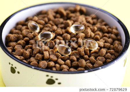 Cat food with tablets in a bowl. Vitamins for cats. Treating cats Cat food with tablets in a bowl. Vitamins for cats. Treating cats 72879629