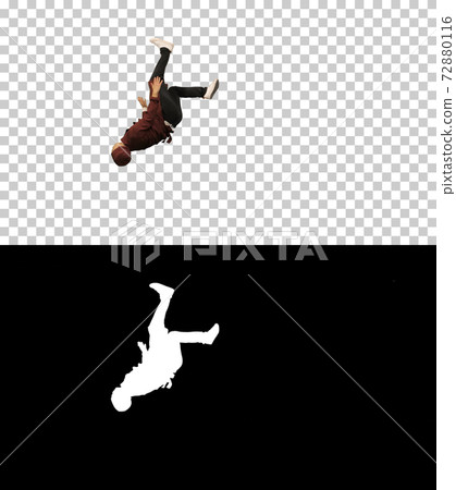 Male chef cook in red uniform doing somersaults and hand spins l Male chef cook in red uniform doing somersaults and hand spins l 72880116