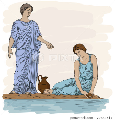 Two ancient Greek Woman sits on a chairs and drinks wine from a jug. Figure isolated on white background. Two ancient Greek Woman sits on a chairs and drinks wine from a jug. Figure isolated on white background. 72882315