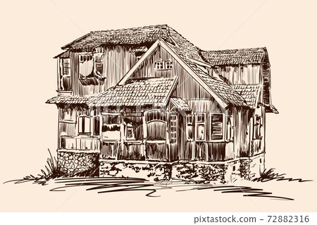 Hand sketch on a beige background. Old rustic wooden house on a stone foundation with a tiled roof. Hand sketch on a beige background. Old rustic wooden house on a stone foundation with a tiled roof. 72882316