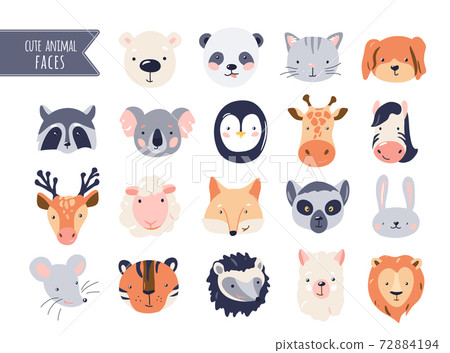 Cute animal baby faces set vector illustration. Hand drawn nursery characters collection for graphic, print, card or poster. Creative scandinavian funny kid design 72884194