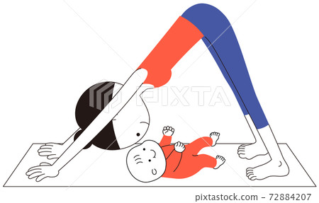 Dango-haired women and babies doing down dog (downward dog pose) yoga Dango-haired women and babies doing down dog (downward dog pose) yoga 72884207