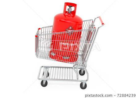 Shopping cart with propane cylinder with compressed gas, 3D rendering Shopping cart with propane cylinder with compressed gas, 3D rendering 72884239