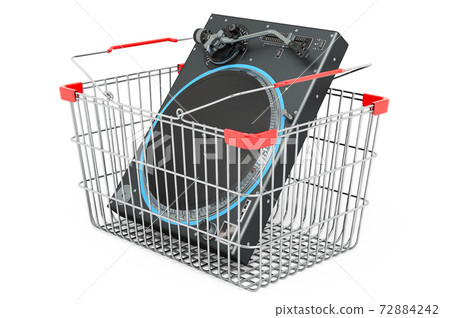 Shopping basket with phonograph turntable, 3D rendering Shopping basket with phonograph turntable, 3D rendering 72884242