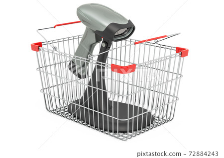 Shopping basket with bar code reader, scanner. 3D rendering Shopping basket with bar code reader, scanner. 3D rendering 72884243