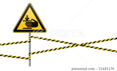 Caution, hands may be injured. Warning sign safety. Attention is dangerous. Yellow triangle with black image. Sign on the pole and protecting ribbons. Vector illustrations. Caution, hands may be injured. Warning sign safety. Attention is dangerous. Yellow triangle with black image. Sign on the pole and protecting ribbons. Vector illustrations. 72885176