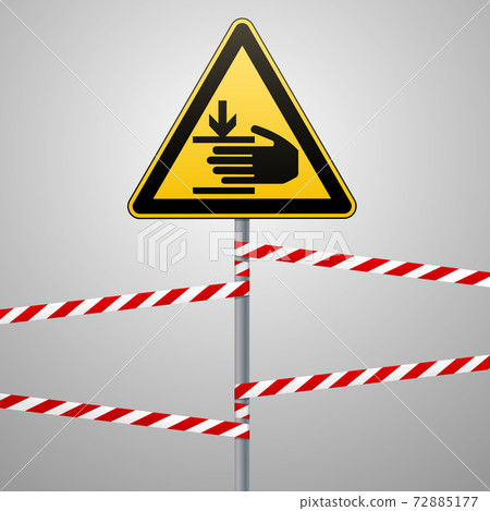 Caution, hands may be injured. Attention is dangerous. Warning sign safety. A yellow triangle with a black image. The sign on the pole and protecting ribbons. Vector illustrations. Caution, hands may be injured. Attention is dangerous. Warning sign safety. A yellow triangle with a black image. The sign on the pole and protecting ribbons. Vector illustrations. 72885177