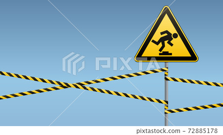 Caution, low-noticeable obstacle. Safety sign. Yellow triangle with black image on the pole and protecting ribbons. Sky background. Vector illustrations. 72885178