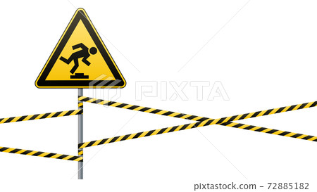 Caution, low-noticeable obstacle. Warning sign safety. Attention is dangerous. Yellow triangle with black image. Sign on the pole and protecting ribbons. Vector illustrations. 72885182