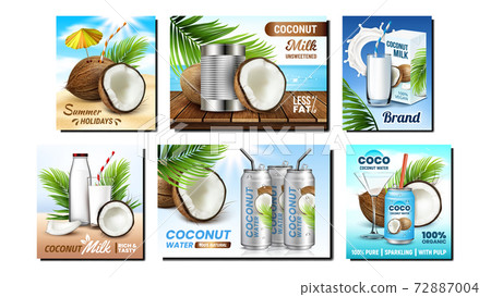 Coconut Drink Creative Promo Posters Set Vector Coconut Drink Creative Promo Posters Set Vector 72887004