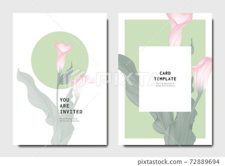 Botanical invitation card template design, pink calla lily flowers with leaves Botanical invitation card template design, pink calla lily flowers with leaves 72889694