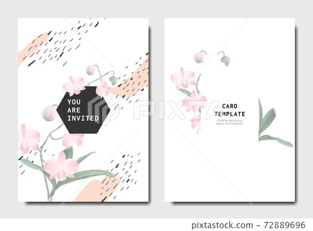 Botanical invitation card template design, pink Dendrobium orchid flowers with hand drawn graphics Botanical invitation card template design, pink Dendrobium orchid flowers with hand drawn graphics 72889696