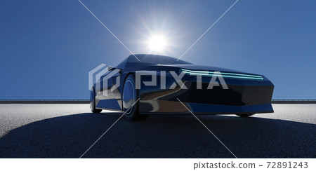 EV concept car on asphalt road. 3d rendering with my own creative design. EV concept car on asphalt road. 3d rendering with my own creative design. 72891243