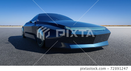 EV concept car on asphalt road. 3d rendering with my own creative design. EV concept car on asphalt road. 3d rendering with my own creative design. 72891247