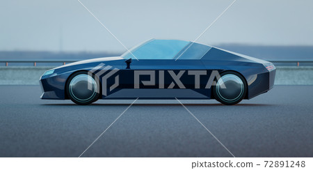EV concept car on asphalt road. 3d rendering with my own creative design. EV concept car on asphalt road. 3d rendering with my own creative design. 72891248