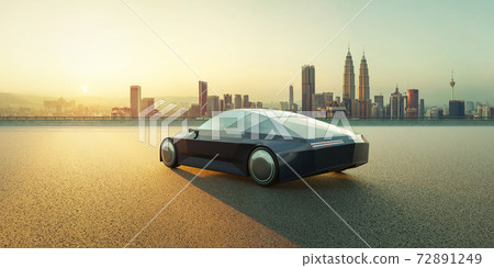 EV car on asphalt road with city skyline background. 3d rendering EV car on asphalt road with city skyline background. 3d rendering 72891249