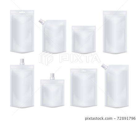 Vector templates of white blank realistic pouches from foil, food containers 72891796