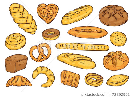 Bread set bakery food, dessert, croissant, wheat sweet bake and loafs. 72892991