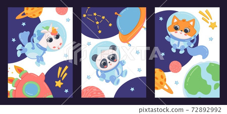 Cards set with animals astronauts, rockets and planets, flat vector illustration. 72892992