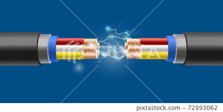 Breakage of the electric cable with sparks, realistic vector illustration. 72893062