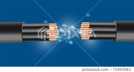 Realistic electric cable with electricity sparks, lightnings on blue background. 72893063