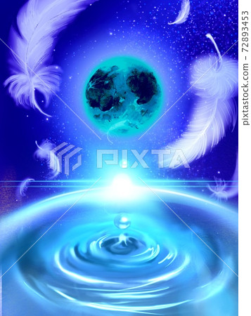 A mysterious illustration of white angel wings dancing in space and water droplets melting into a water planet A mysterious illustration of white angel wings dancing in space and water droplets melting into a water planet 72893453