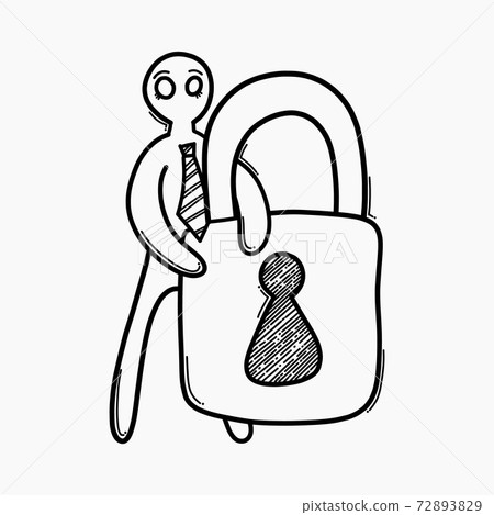 Businessman holding padlock. Doodle vector icon. Drawing sketch illustration hand drawn cartoon line eps10 72893829