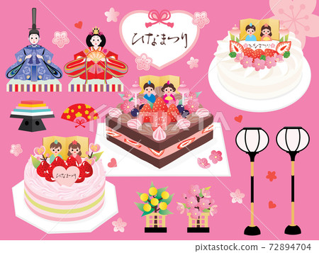 Hinamatsuri Hina dolls and cake set illustrations 72894704