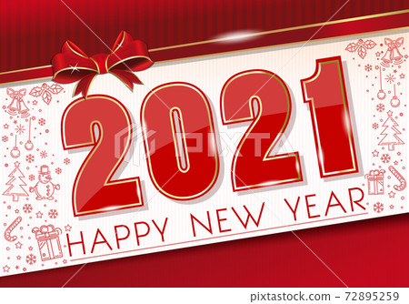 New Year card 2021 with red ribbon and bow New Year card 2021 with red ribbon and bow 72895259