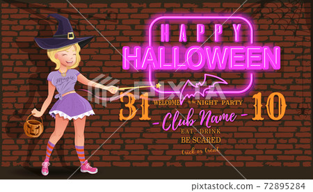 Halloween card with girl in a witch costume 72895284