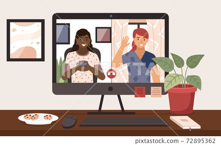 Virtual meeting on the Internet. Girls comunicate on computer screen. Home office in quarantine time 72895362