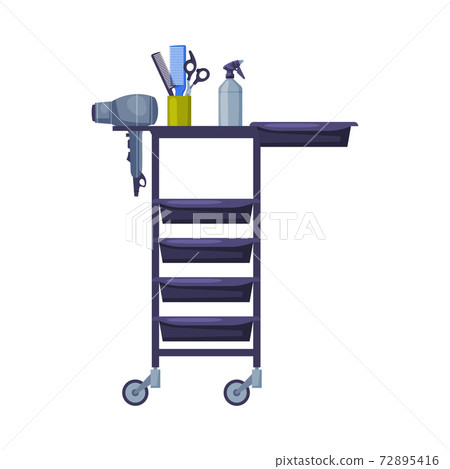 Table on Wheels with Shelves, Hairdresser Workplace Element, Beauty Salon, Barber Shop Design Cartoon Style Vector Illustration 72895416