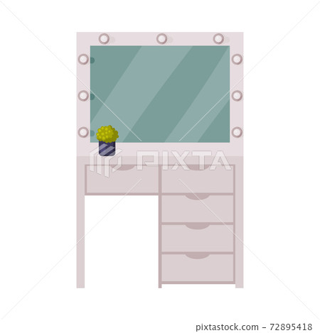 Table and Large Mirror, Workplace of Hairdresser, Beauty Salon, Barber Shop Design Cartoon Style Vector Illustration 72895418