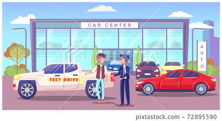 Car center, showroom with different modern automobiles, man seller manager giving keys to owner 72895590